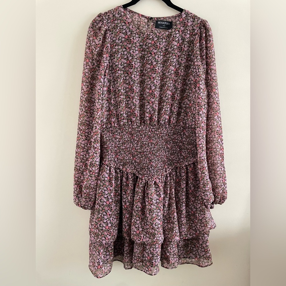 MINKPINK Floral Long Sleeve Tiered Mini Dress in Pink and Brown - Picture 2 of 5